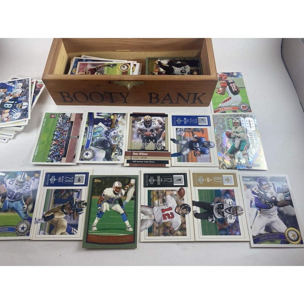 Cedar Box Pirate Trinket Bank AND Football Card Lot Mixed Teams Bulk NFL Cards